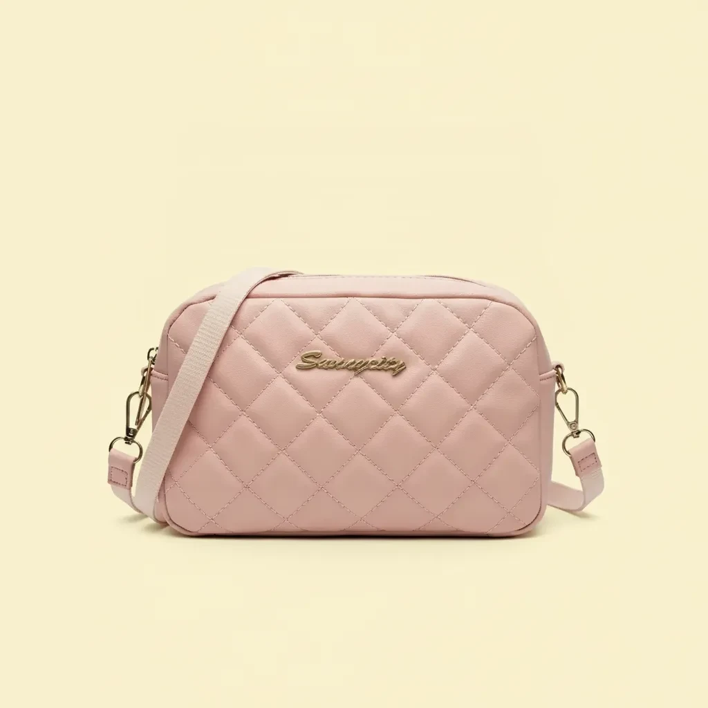 Cartera de cuero rosa con diseño acolchado